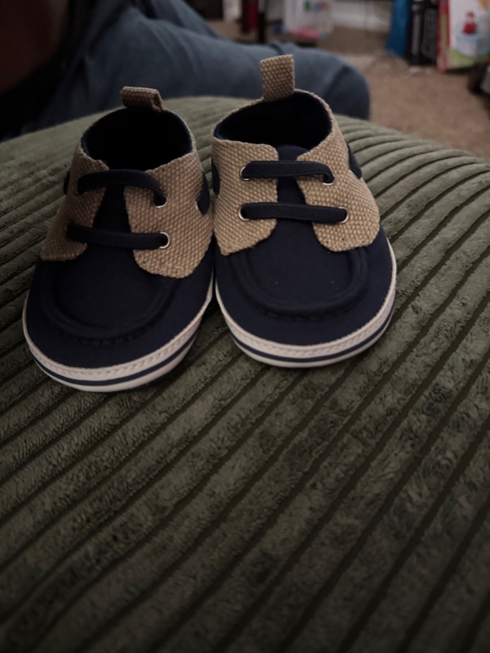 Baby Walker Shoes - Navy and Tan Canvas Lace-Up Booties